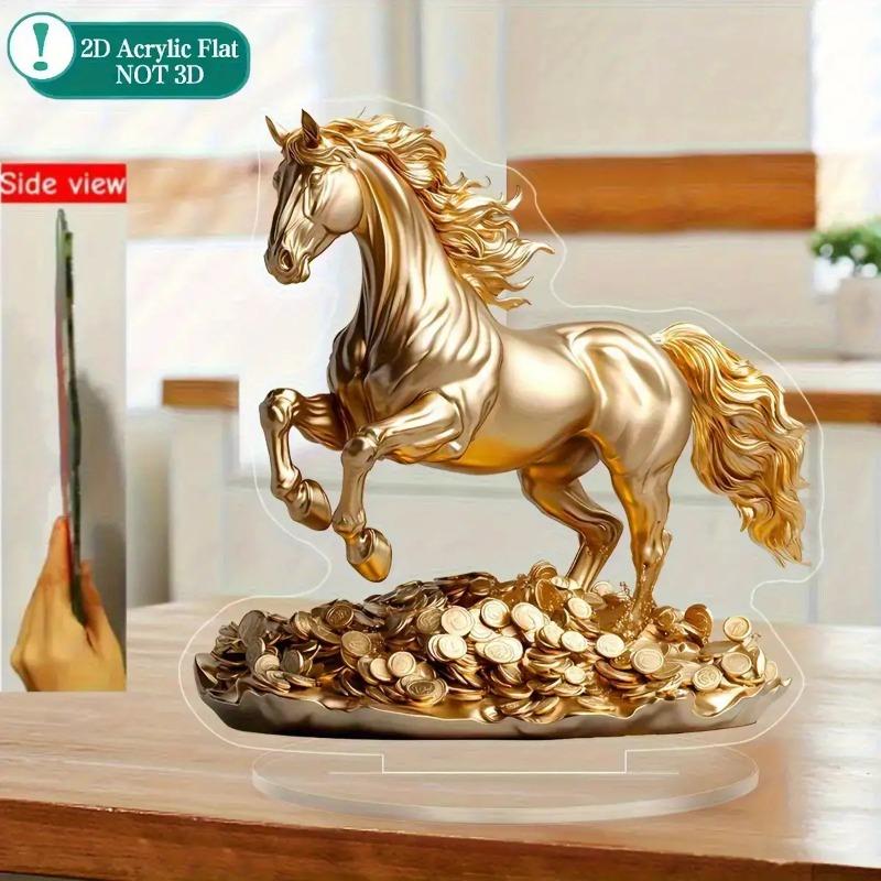 2D Flat Acrylic Golden Horse Statue Desktop Decoration, Home Decor Plaque Hanging Wall Art Decorative Garden Decoration for Room Door Signs Hanging Sq