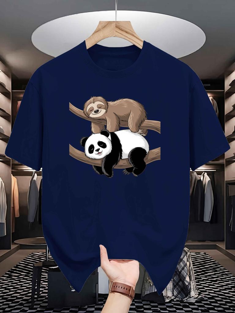 Unisex Crew Neck Tee Lazy Sloth Panda Cute Cartoon Graphic Print Soft Cotton Loose Short Sleeve Summer Casual Male Streetwear Tops