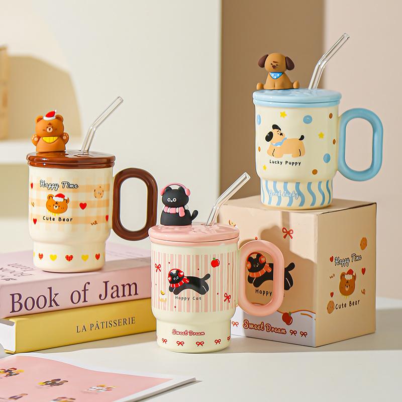 Summer New Straw Cup Doodle Animal Ceramic Water Cup with Lid Cartoon Mug Cute Birthday Gift