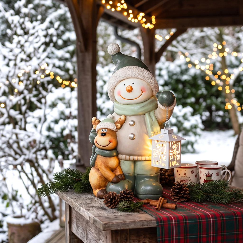 Snowman Figure 43 cm made of MGO with LED Lantern and Timer, for Entryway & Doorway Area