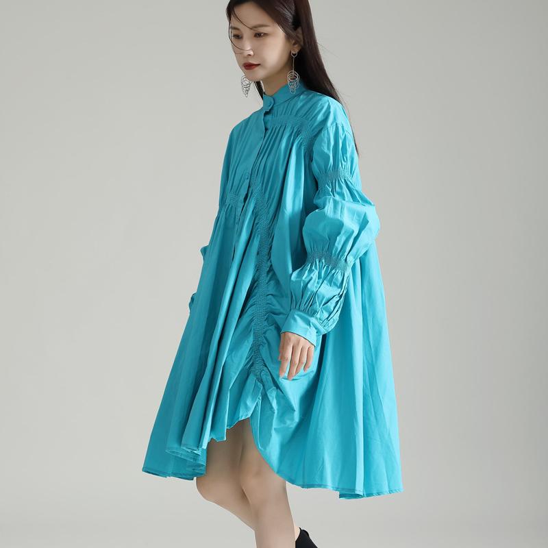 Johnature Summer Shirt Dresses Fashionable Loose Irregular Shirred Balloon Sleeve Large Swing 6 Colors All Match Dress