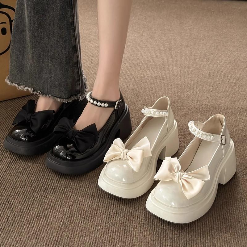French Mary Jane Small Leather Shoes Spring Platform Heightening Bow with Skirt Thick Heel High Heel Sandals