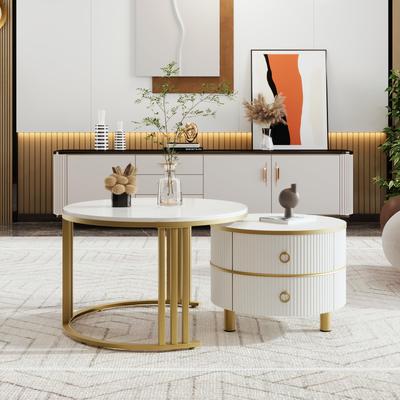Round Coffee Table Set of 2, Modern Living Room Table with Marble Veneer, High Gloss Nesting Table with Drawers, for Living Room, Balcony and Office