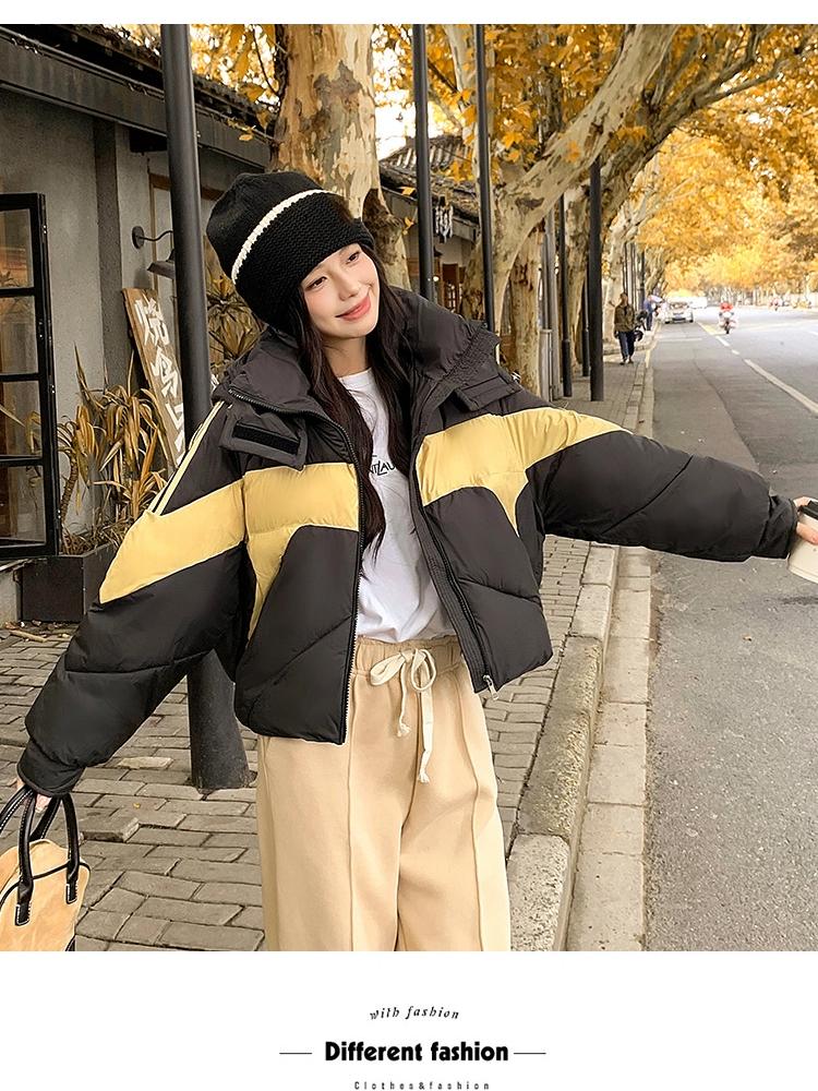 Short Color-block Hooded Warm Down Cotton-padded Jacket