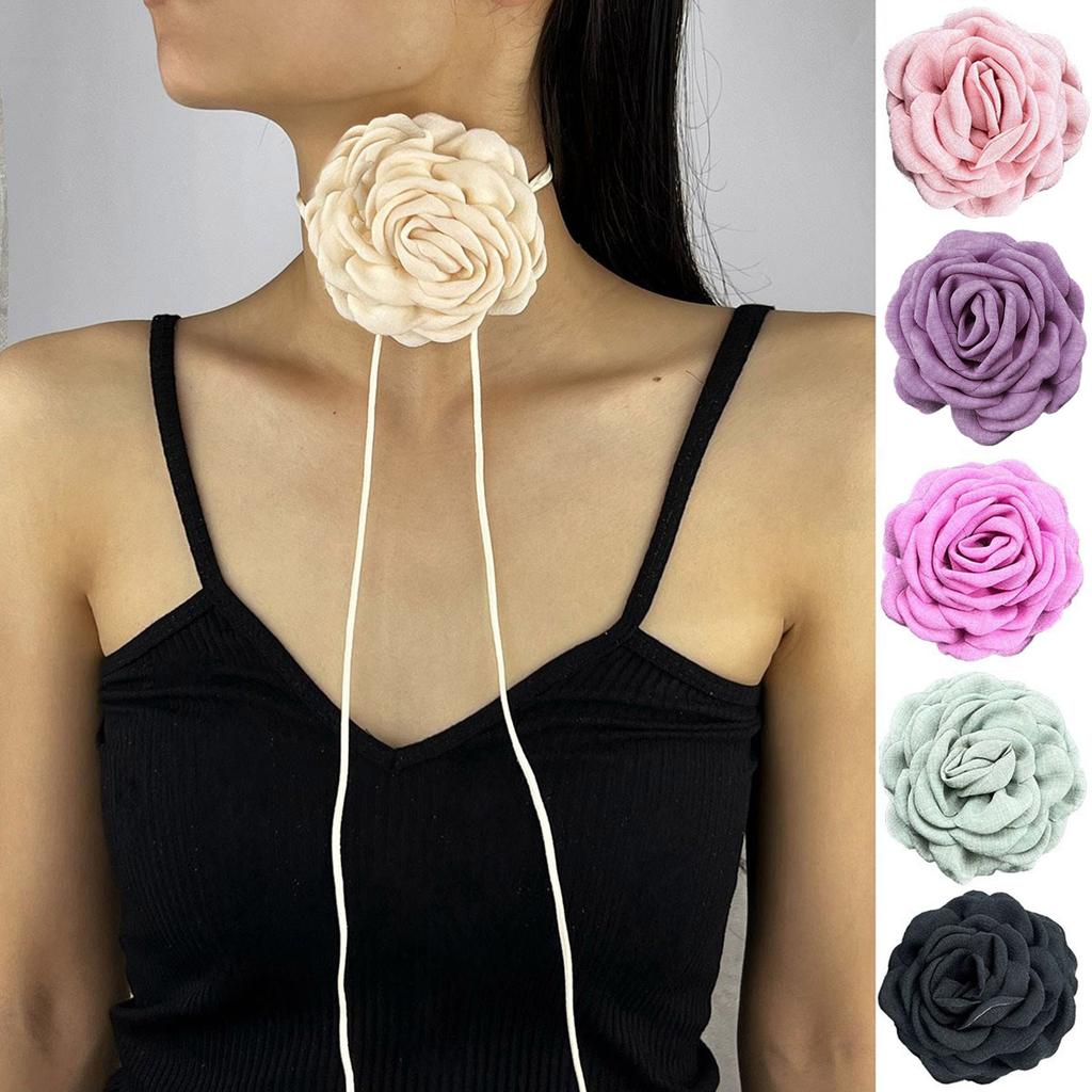 Elegant Floral Choker Necklace Stylish Gothic Fabric Flower Rope Necklace Fabric Material Floral Neckpiece for Women