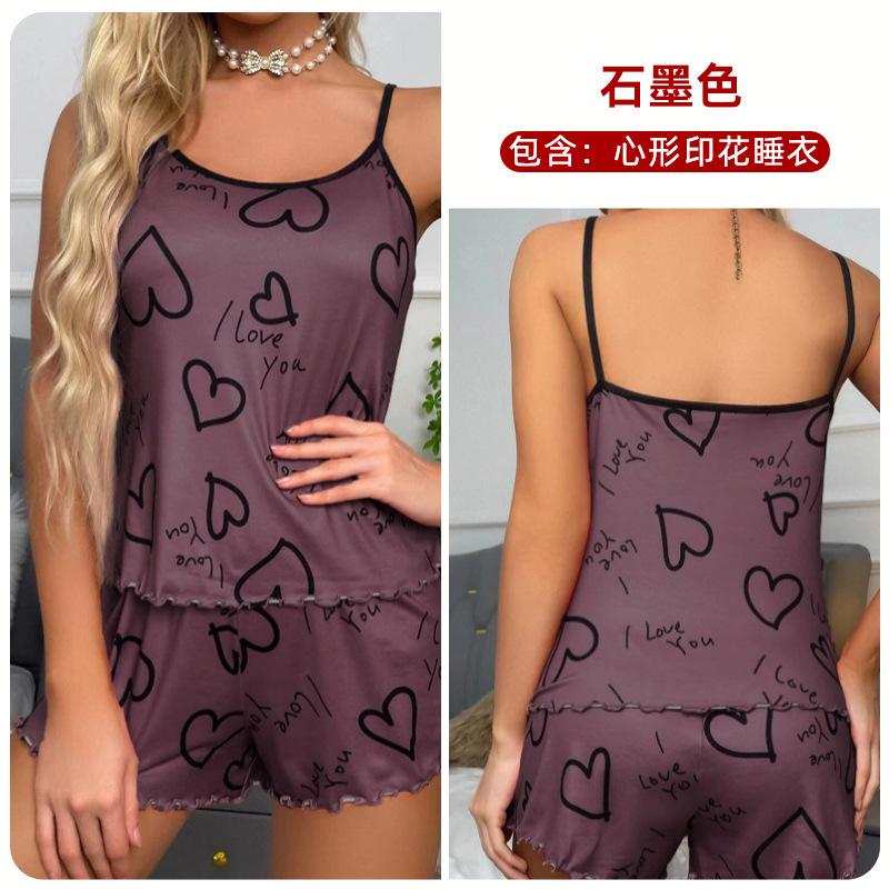 2 stuks/set dames O-hals mouwloos topje elastische hartprint bandjes pyjamaset hoge taille shirring