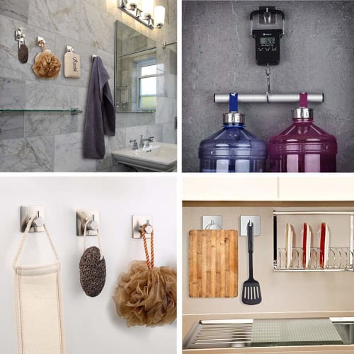 Set of 4 Bathroom Hooks, Strong Adhesive Hooks, Wall Hooks Load Capacity 10KG, 3m, Stainless Steel, Will Not Damage Walls, Waterproof, Coats, Towels,