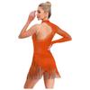 Damen Latin Tango Tanzkostüm Durchsichtiges Netz Patchwork Cut-out Rücken Funkelnde Strasssteine Asymmetrisches Fransenkleid