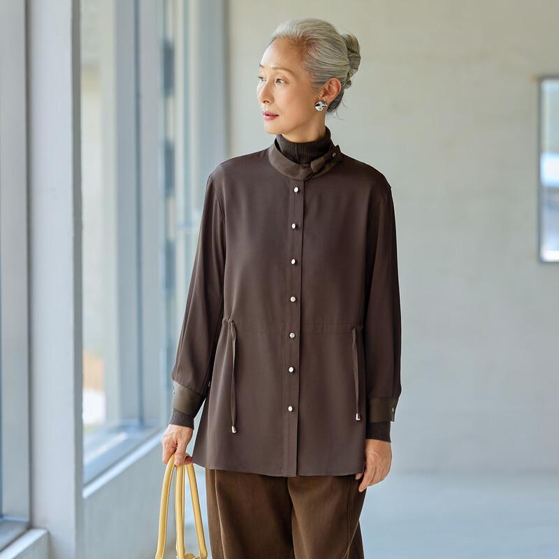 Muzhi Damen Acetatmischung Langarm Bluse mit Gürtel