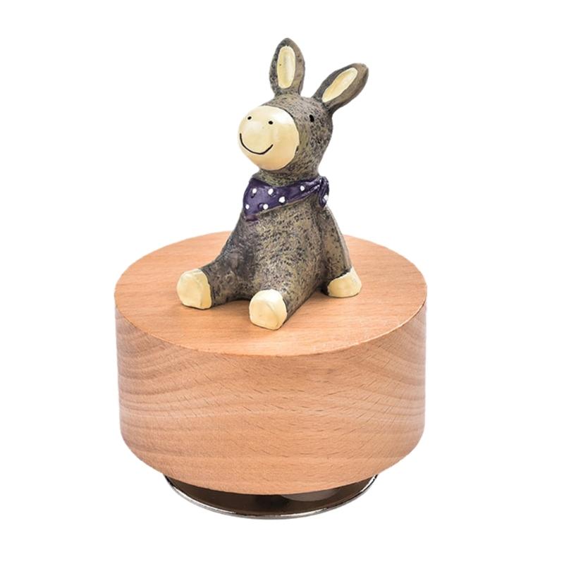 Drewniana pozytywka z obracającą się figurką małego zwierzątka, mechaniczna ozdoba muzyczna do dekoracji domu i wyjątkowy prezent