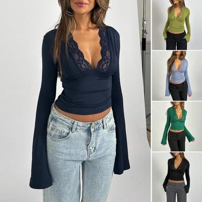 Kadın Uzun Kollu Crop Top Seksi Derin V Yaka Dantel Dar Kesim Bluz