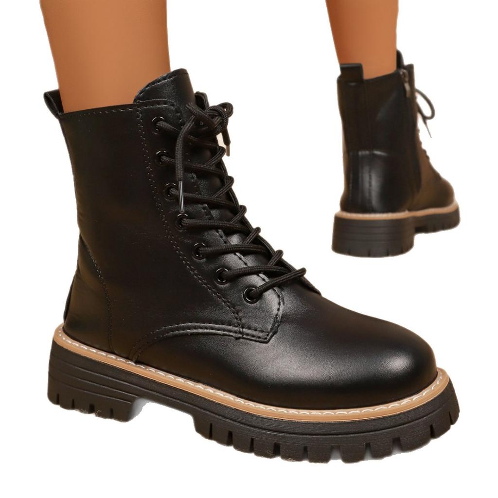 Große Schwarze Mittelhohe Stiefel für Damen, Herbst/Winter 2025 Neuer Stil, Schnürung vorne, Dicke Sohle, Niedriger Schnitt, Britischer Stil, Lederstiefel