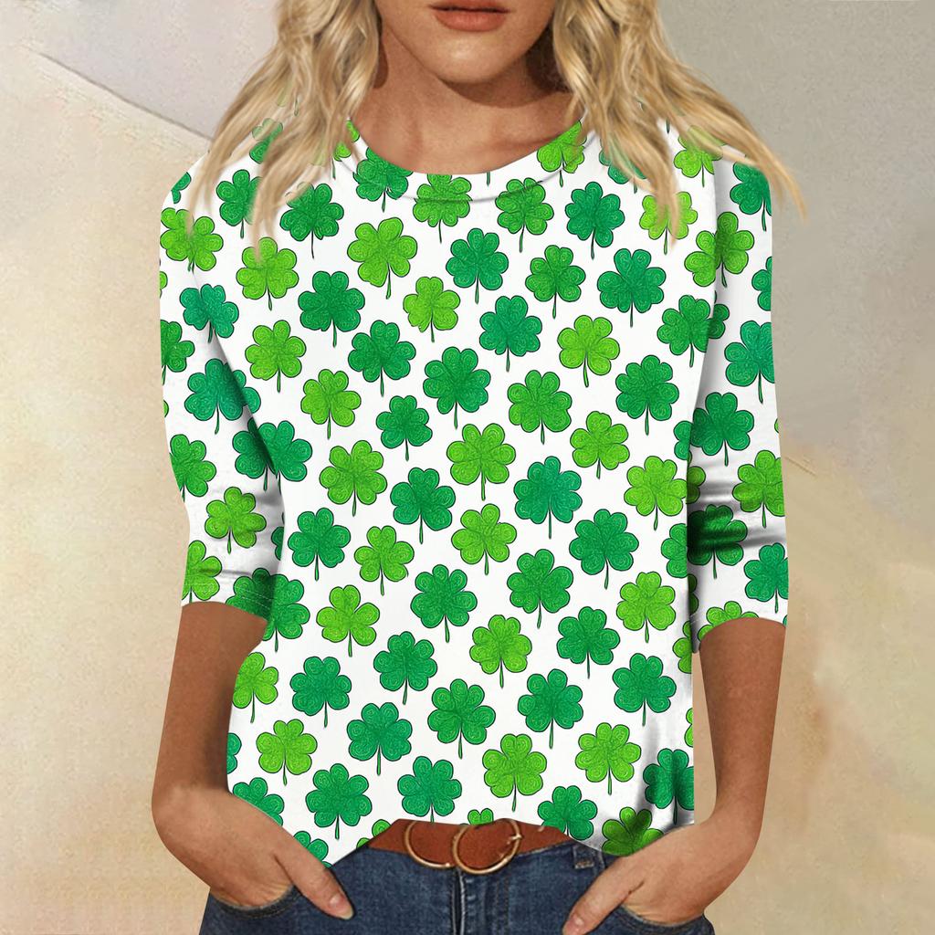 Women's Fashionable Casual Three-quarter Sleeve  Printed Round Neck Top