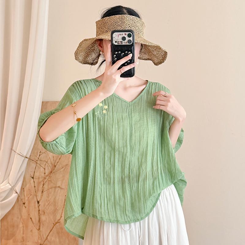 DIMANAF 2026 Summer New Plus Size Women Blouse Shirt Vintage Embroidery Loose Cotton Linen Casual Lady Tops