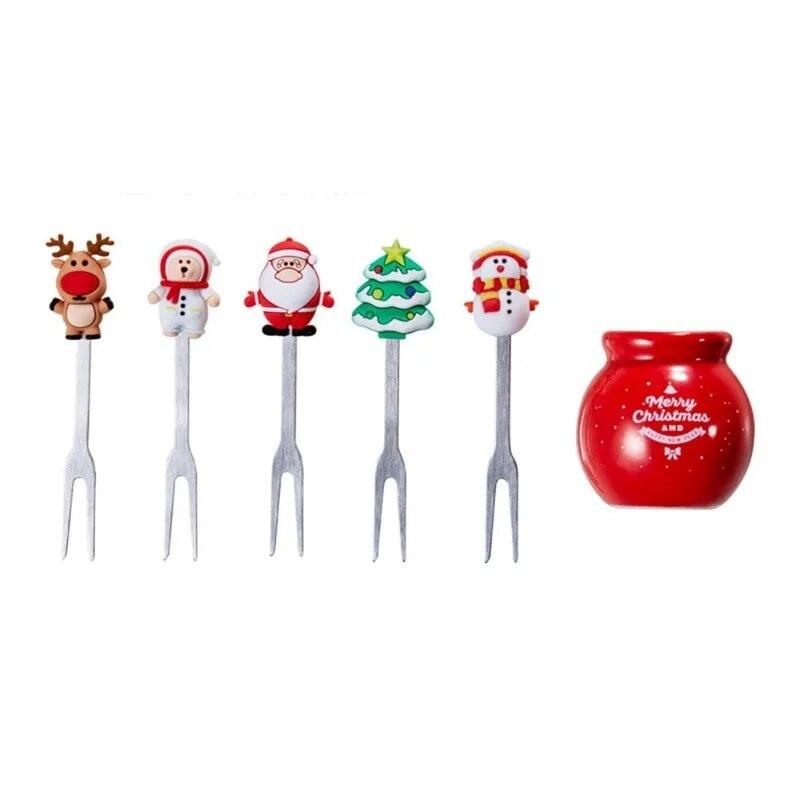 1 Satz 5-teiliges Weihnachtsbaum-Obstgabel-Set aus Edelstahl, Mini-Süßes-Salatbesteck, Küchenhelfer