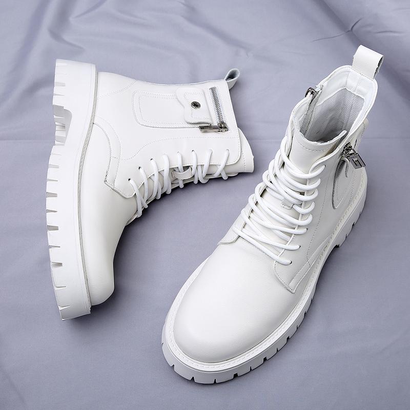 Fashion Men's Fashionable Men's Ankle Boots English Style Thick Soled Lace Up  Boots Round Head Leather Shoes Mid Heel White Motorcycle