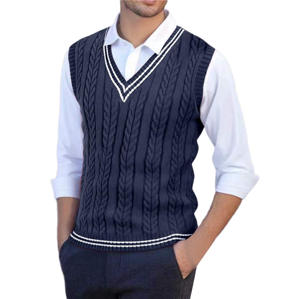 Men's Knitted Sweater V-Neck Twisted Flower Uniform Sweater Vest Knitted Sweater Vest
