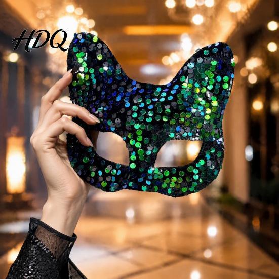 Elegant Masque for Costume Ball Cat Masquerade Masque Sparkly Sequins/Velvet/Black Half Face Sequined Christmas Women Men Halloween Party,
