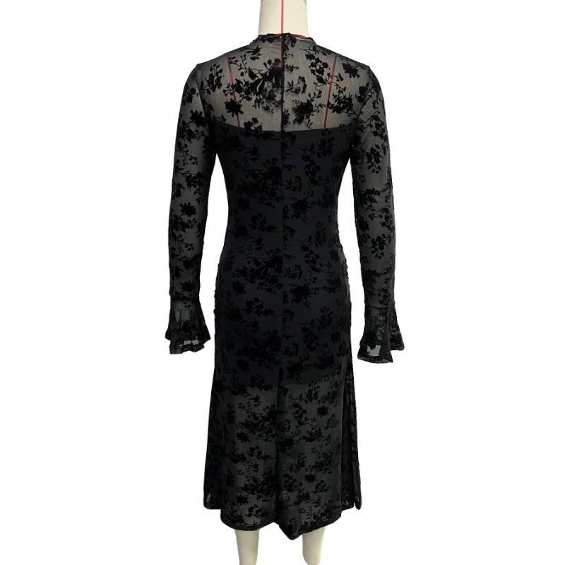 Women Floral Flocked Mesh Mermaid Midi Dress Long Bell Sleeve Mock Neck Ruched Bodycon Sheer Black Elegant Evening Cocktail Party Formal Dress