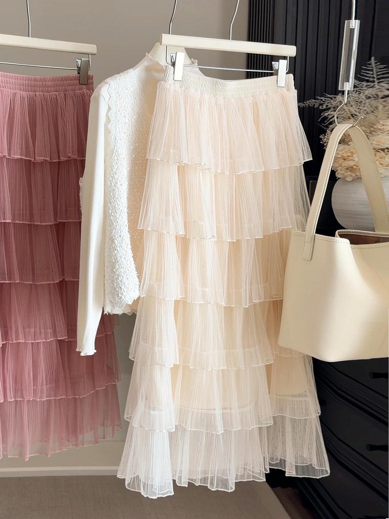 Korean Mesh Layered High-Waisted Mid-Length Skirt for Women - Elegant and Flowy Spring 2026 Collection