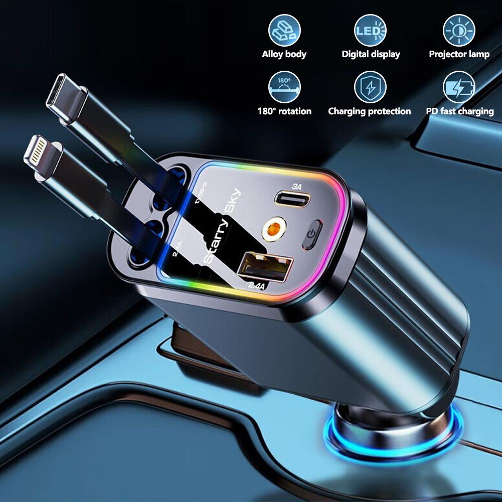 New Starlight Car Charger Adapter 120W Super Fast Car Phone Charger with Dual Retractable Cable USB Type C Cigarette Lighter