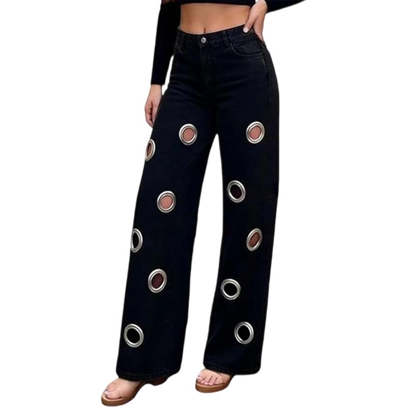 Vintage Holes Jeans Pants Sexy Women High Waist Elegant Night Club Denim Straight Trousers