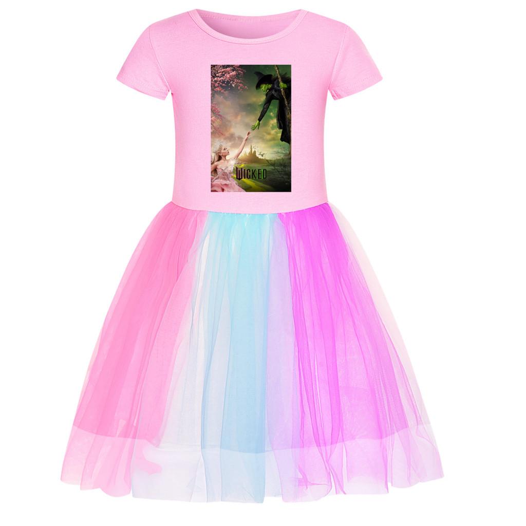 Kids Girls Witch Glinda Print Mesh Rainbow Round Neck Casual Cotton Dress