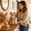 Figurina Fantasma Patchwork con Luce Calda a Batteria 35cm Decorazione di Halloween Materiale Tessuto Texture Morbida