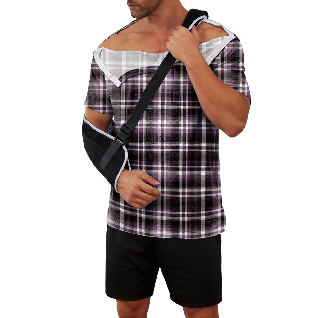 Men's Plaid Printed Recovery Shirt Away Short Sleeve Full Open Front Side Design Adaptive Top