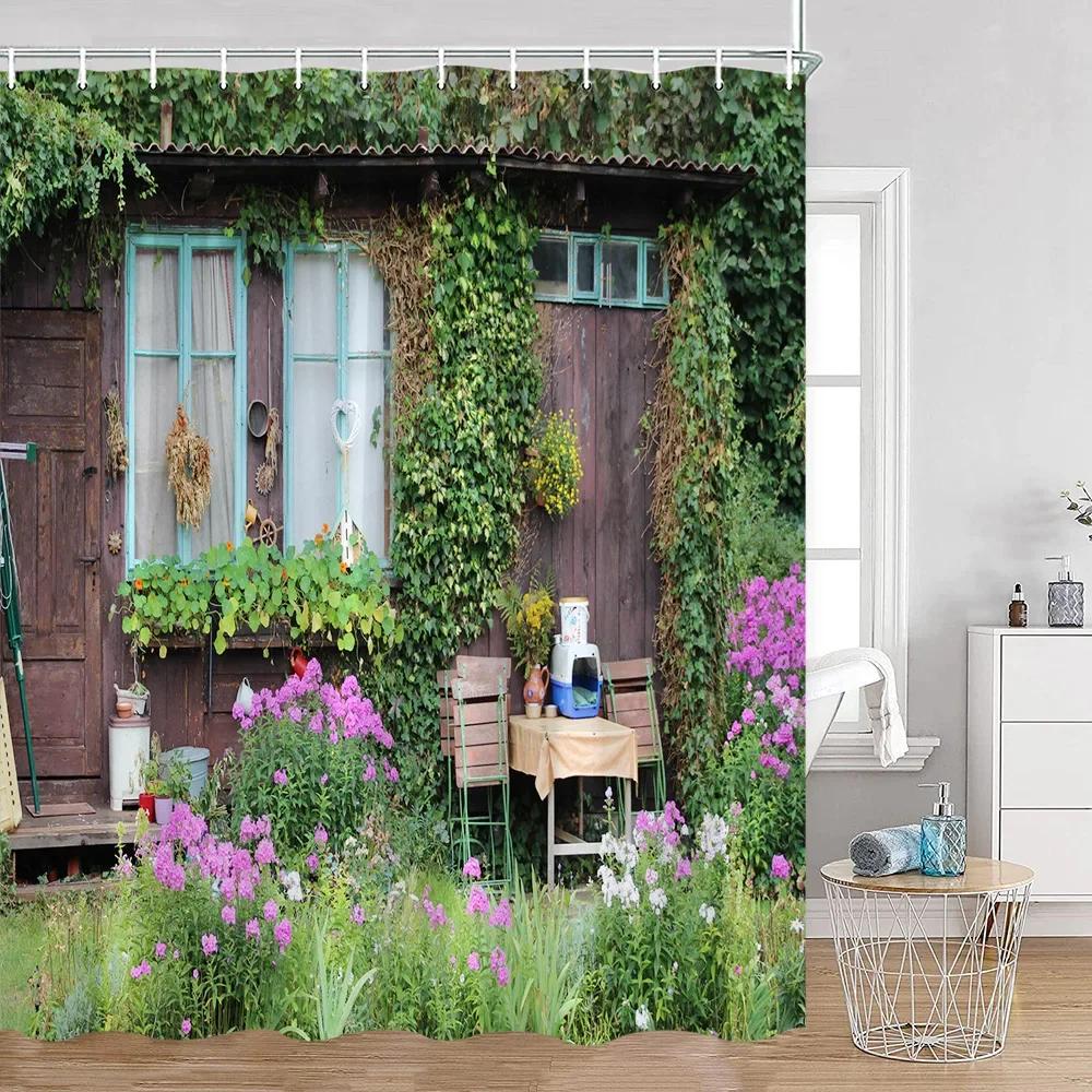 Vintage European Style Street View Shower Curtain Street View Old Stone Wall Plant Bathroom Curtain Bath Decoration