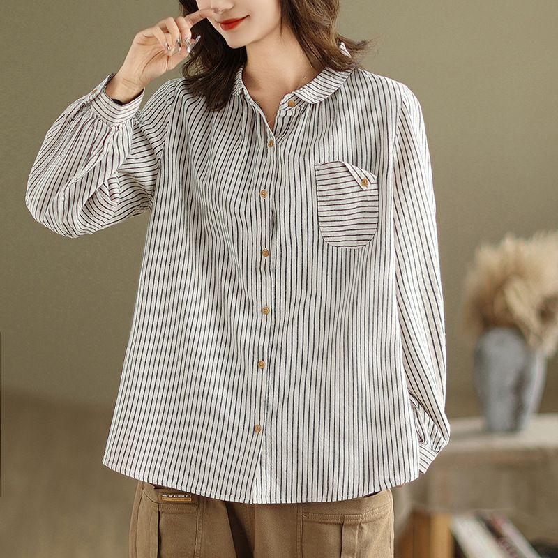 

Loose Slim Long Sleeve Shirt for Women Loose Figure Flattering Long Sleeve Shirt White Stripes 2XL