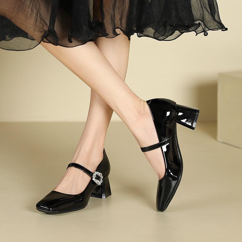 9-One-word bag head thick heel single shoes women's square head rhinestone high heels student dress professional commuter women's shoes