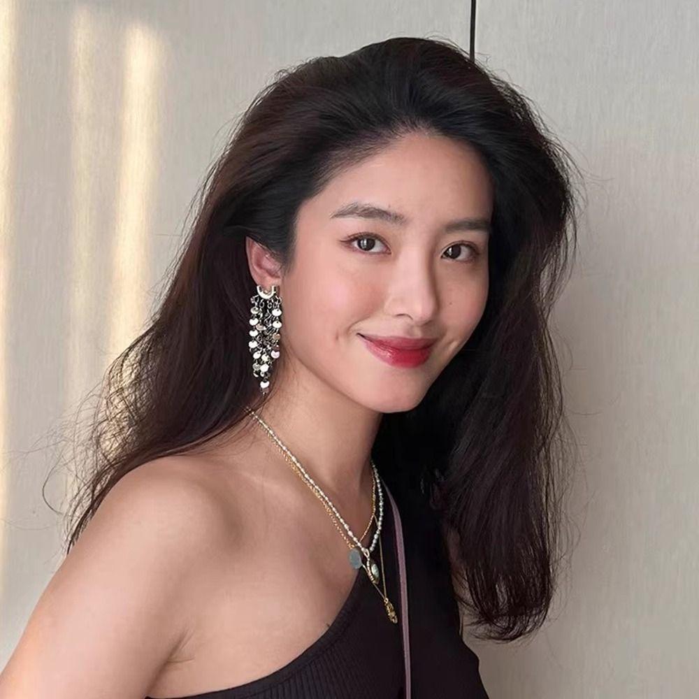 Silver Metal Sequin Earrings Bling Bling Gold Earrings Exquisite Long Tassel Dangle Earrings  Gift