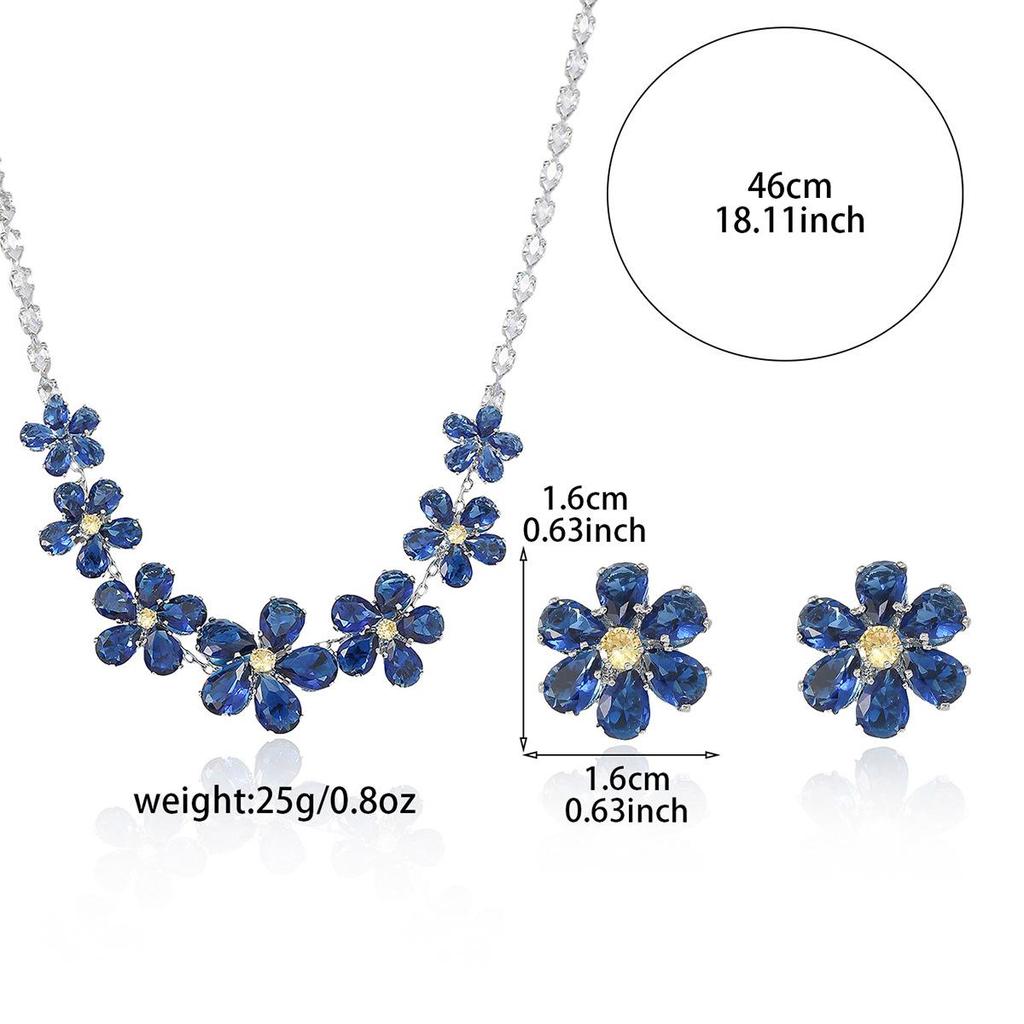 Zircon Blue Temperament Necklace and Earrings Set - European & American Style with Small Flower Design