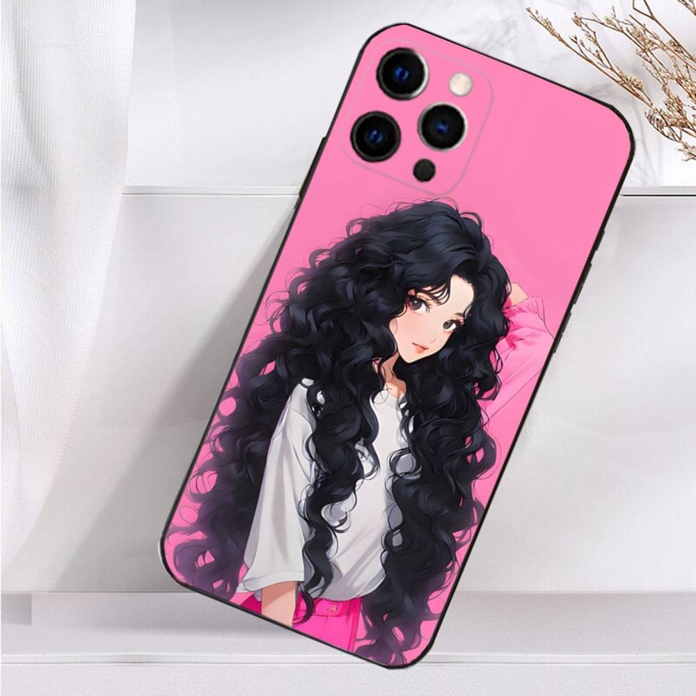 Beauty Girl Cartoon Pink  Case For iPhone 16,15,17,14,13,12,11 Plus,Pro Max,XS,X,XR,SE,Mini,8,7 Soft Silicone Black Cover