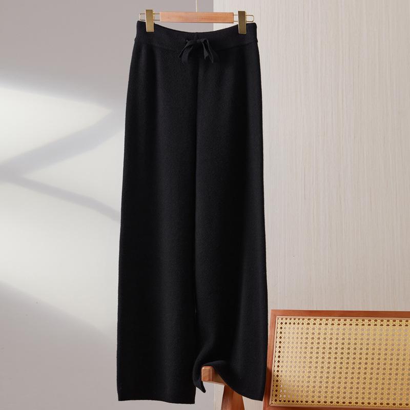 Women's 100% Wool Wide-Leg Knit Pants, Floor-Length, High-Waisted, Slimming, Casual Loose Fit for Autumn and Winter