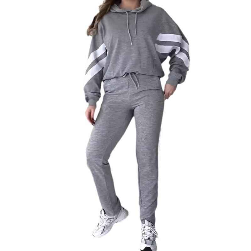 2024 Autumn European & American Striped Print Hooded Sweatshirt and Sweatpants Set for Women