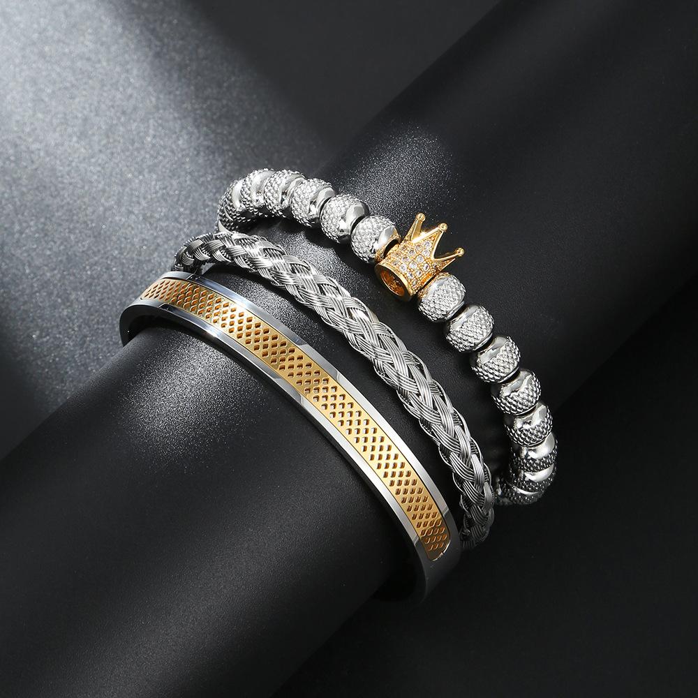 New copper inlaid zircon crown woven bracelet combination stainless steel mesh opening titanium steel bracelet set men