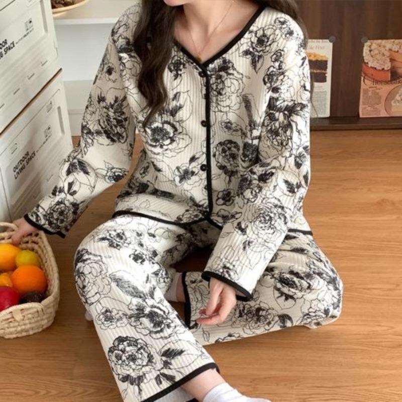 Heart Print Sleepwear Women Pajama Sets Korean Piiama Ruffles Pants Sets for Women 2 Pieces Autumn Night Wears Button Home Suit