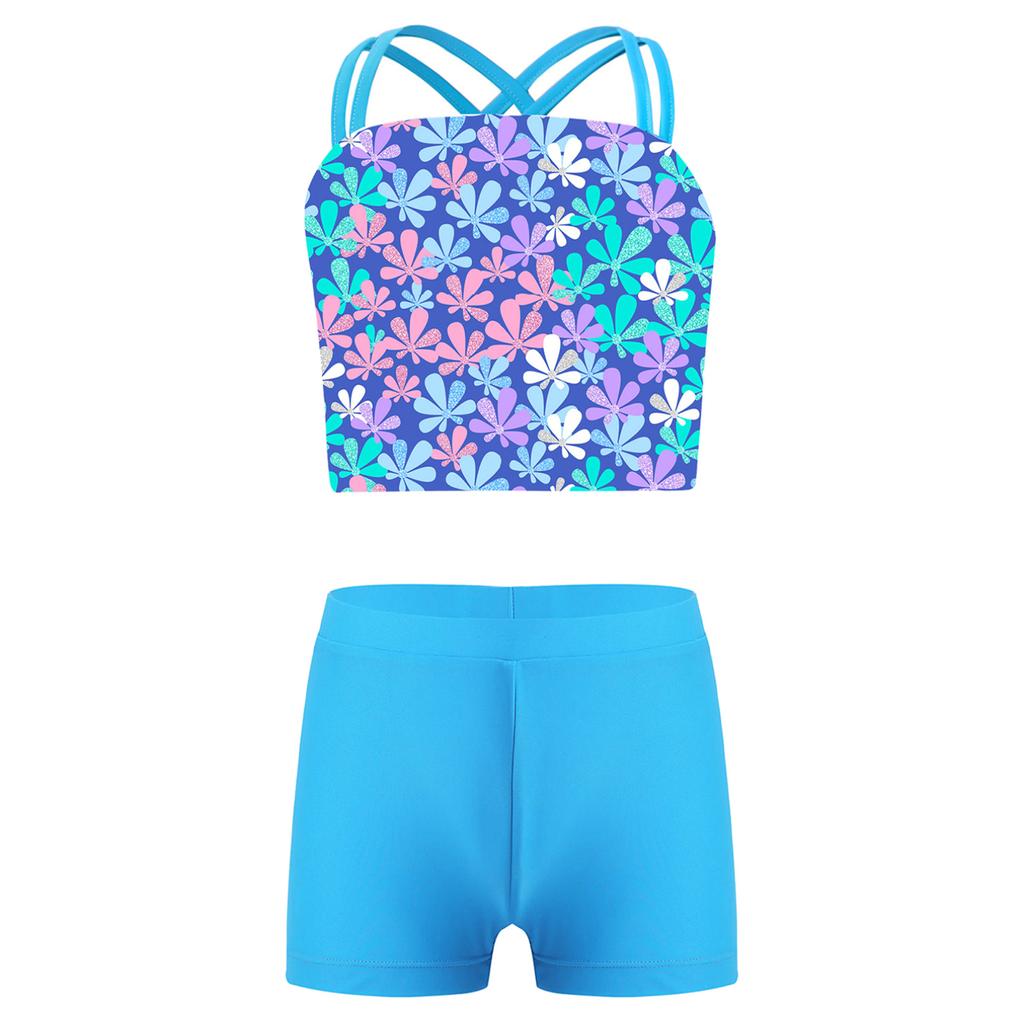 Kids Girls Swimwear Set Double Shoulder Straps Tank Top with Shorts for Beach Pool Swimming Bathing