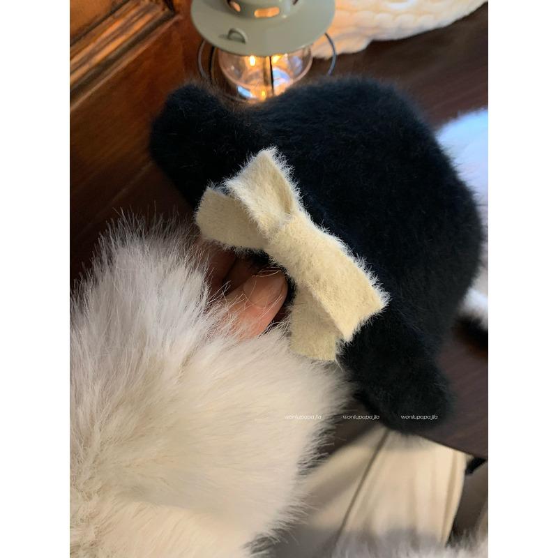 

Шляпа рыбака с бантом Женская зимняя шляпа из кудрявого плюша в подарок в стиле Хепберн Большой обхват головы Маленькая шляпа-котелок One Size