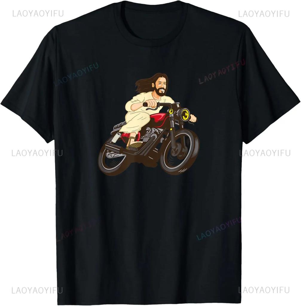 Jesus and Motorcycles Makes Me Happy Funny Christian Biker TShirt Graphic T Shirts Print on Demand Camisas Streetwear