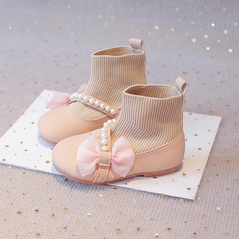 

Ботинки принцессы для девочек 2024 года, осень-зима, абсолютно новые, из искусственной кожи, с бантом, милые, мягкие, детские ботильоны, носки, мягкие, без застежек 21