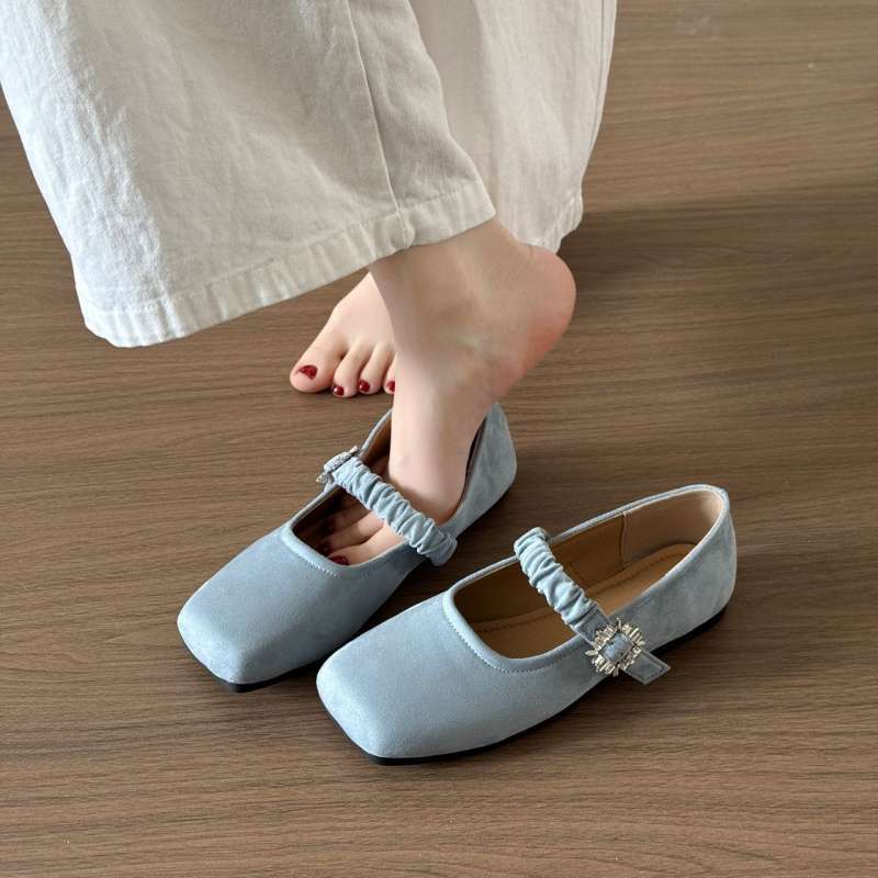 French Square Head Mary Jane Shoes Light Mouth Suede Soft Sole Non-slip Spring Flat 2025 Single Shoes New Skirt Shoes