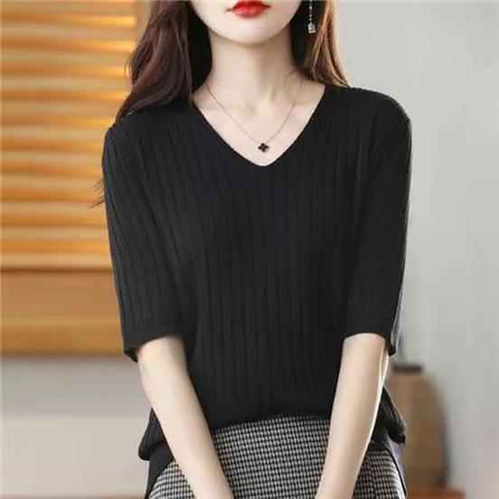 Frühling Sommer Damen V-Ausschnitt Kurzarm Exquisiter Kaschmir Strickpullover Pullover Einfarbig
