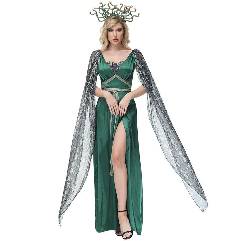 Cosplay kostým na halloweenské představení, tmavě zelené šaty s hadím potiskem a rozparky, kostým mytické sirény Medúzy