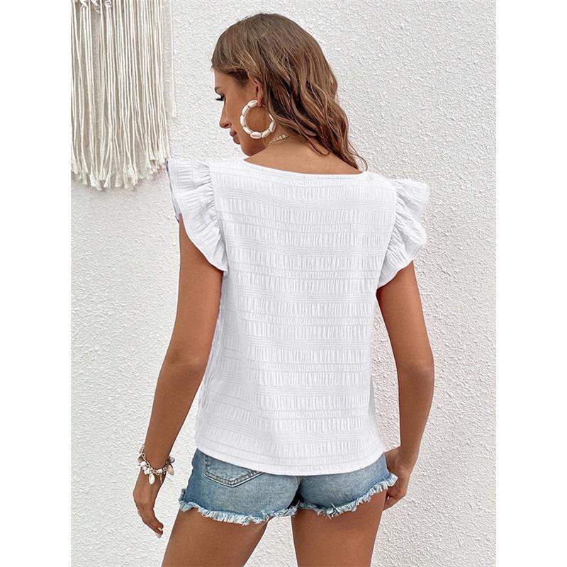   Women's Square Neck Ruffle Sleeve Crop Top Textured Casual Summer Tops