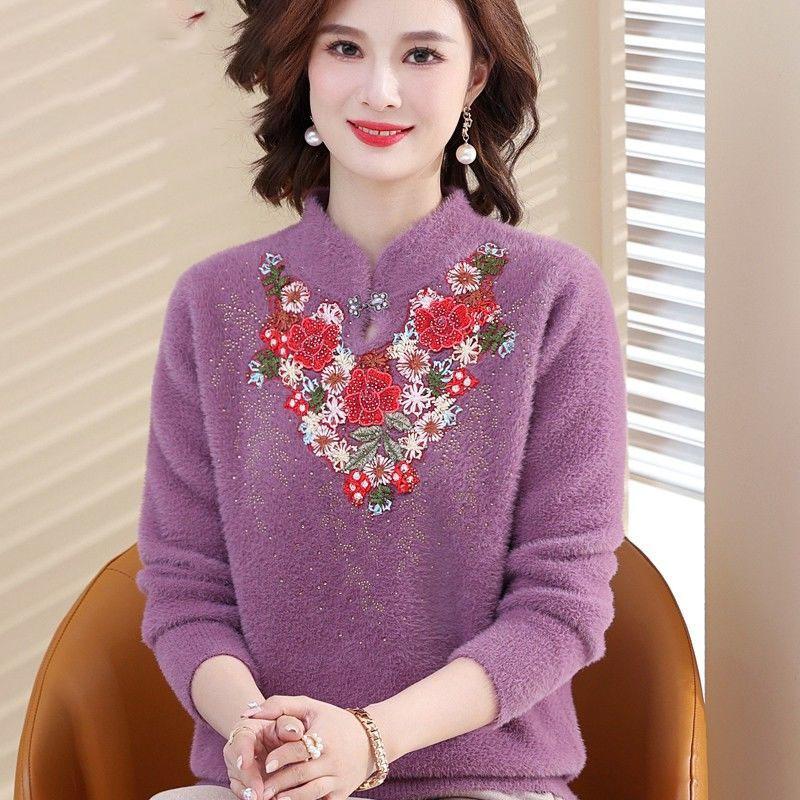 

Осінь-зима Оксамитовий пуловер із штучної норки Жіноча сорочка з вишивкою Жіночий джемпер В’язаний светр Топ S фіолетовий