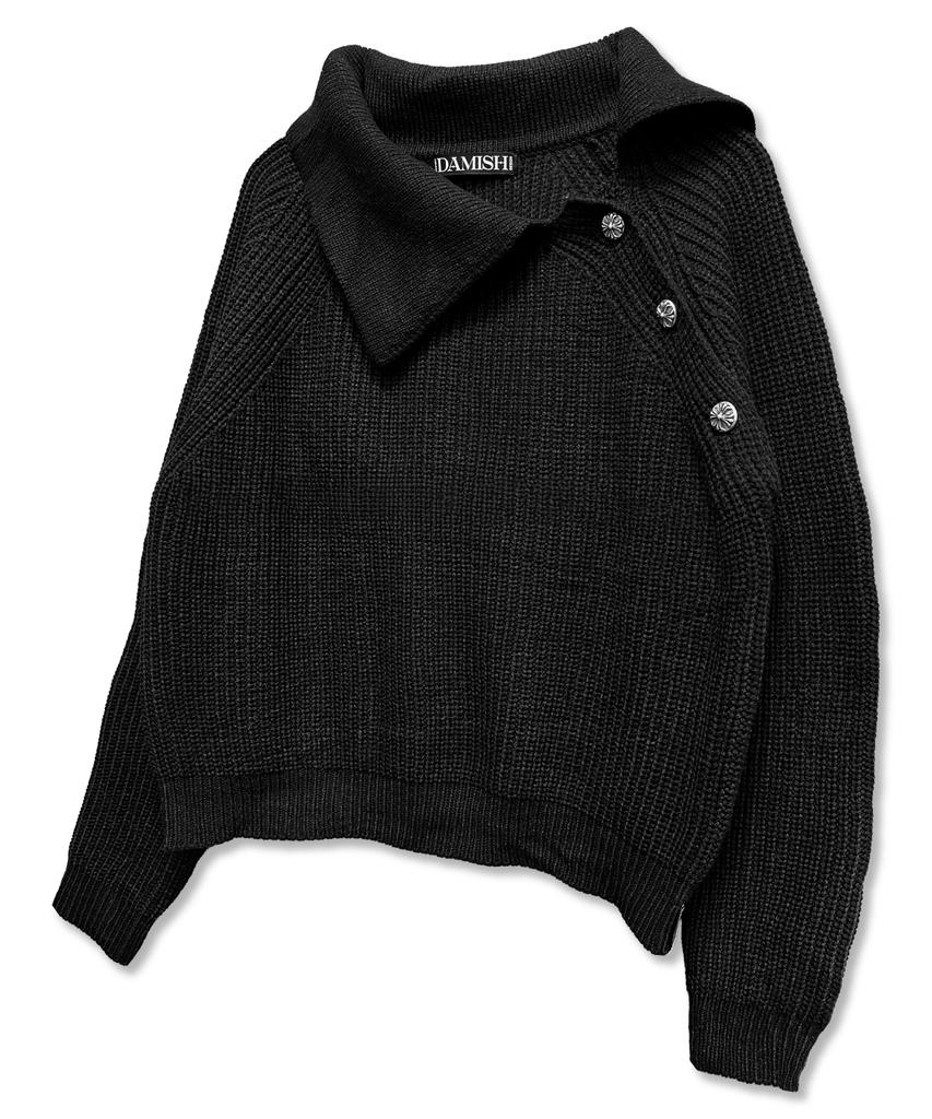 Damiswi Oblique Collar Cross Button Knit_Black