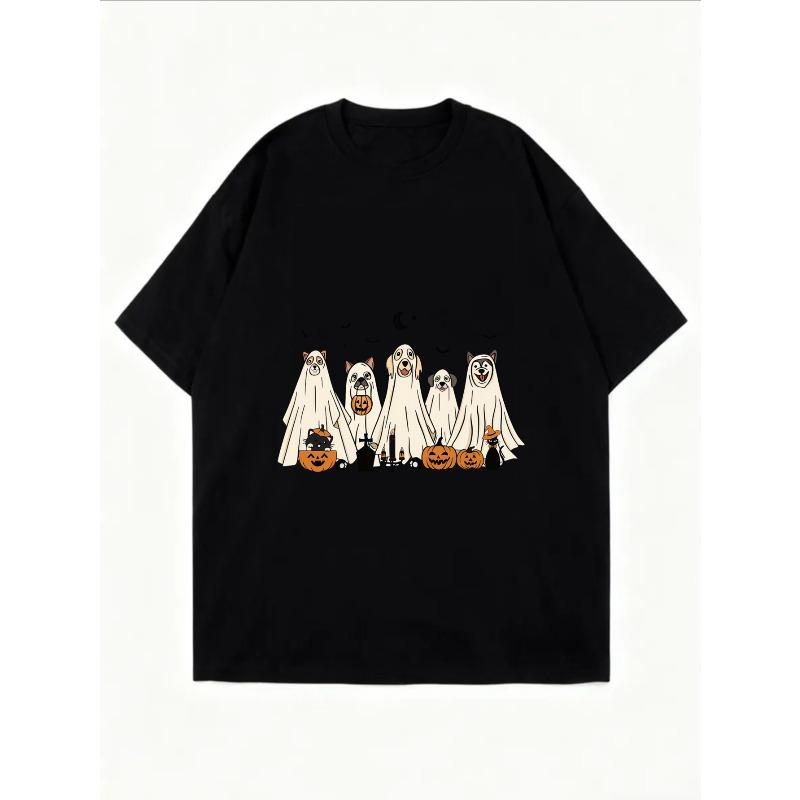Crewneck T Shirt White Halloween Dogs In Ghost Costumes With Pumpkins And Bats Print For Casual Wear